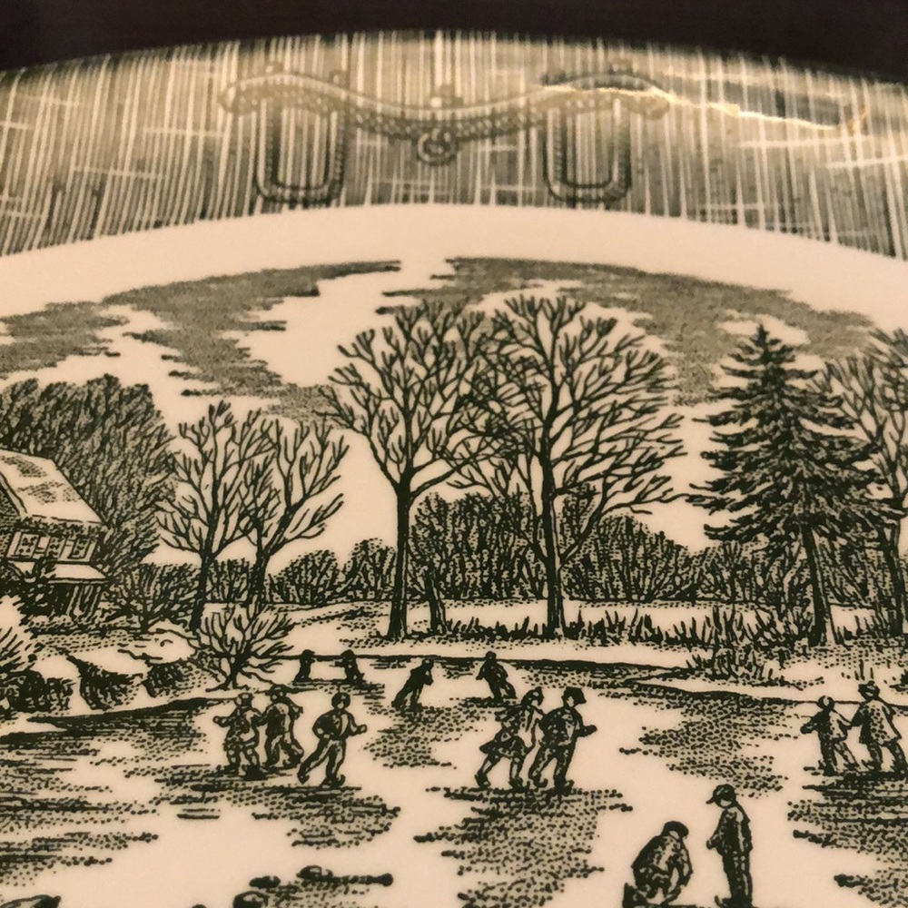 Rare ice skaters green and white platter excellent condition